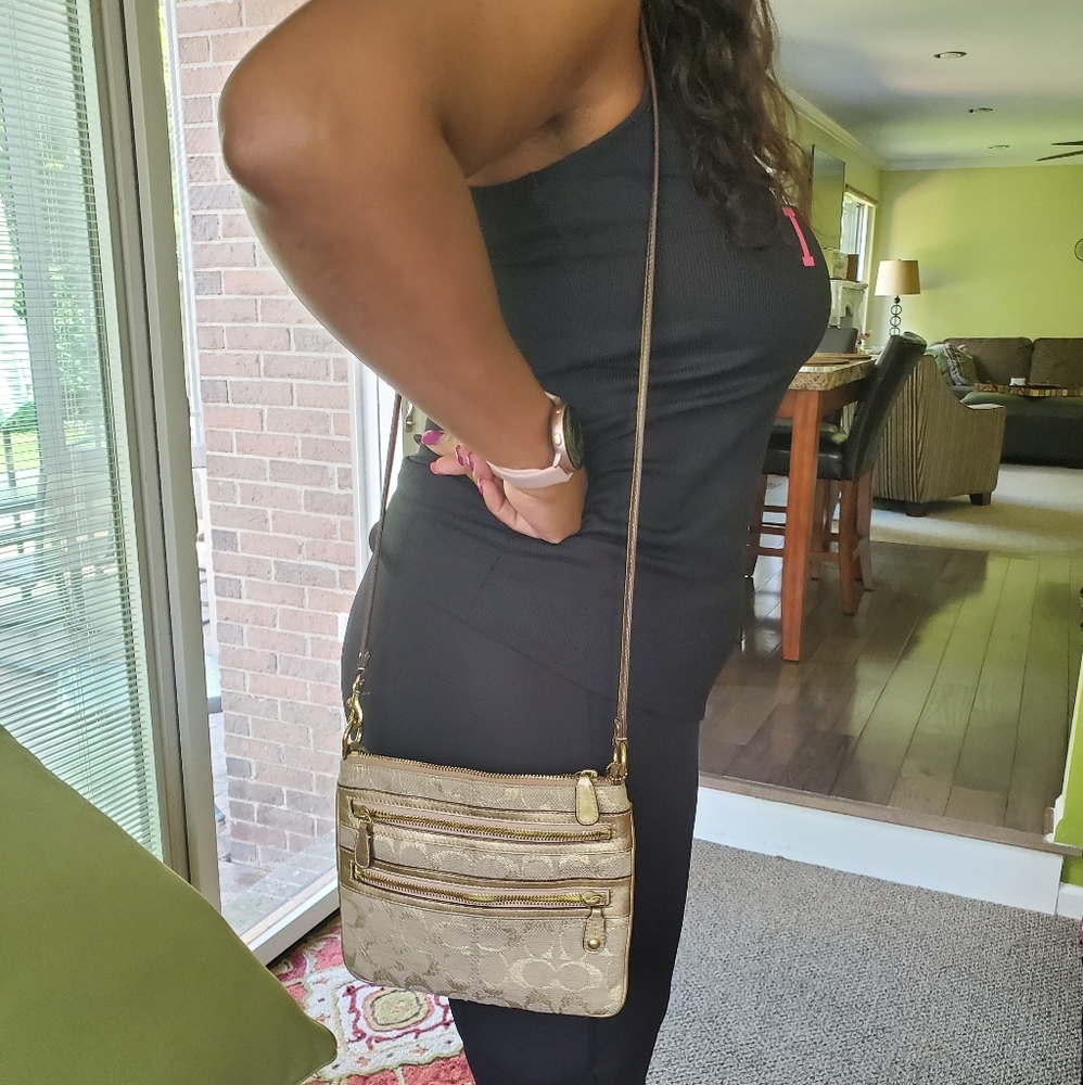 Coach Gold Leather/Cloth Insigia Cross-Body